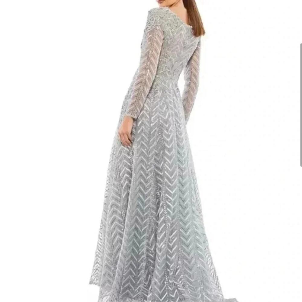 Mac Duggal 20189 Silver Embellished Illusion Long Sleeve Wrap Over A Line Gown - Picture 14 of 14